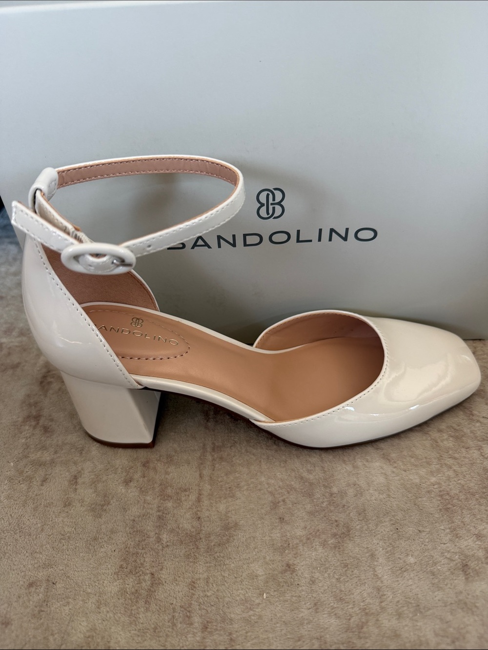 Bandolino Women's Letsadd Cream Patent Ankle-Strap Block Heel Pumps